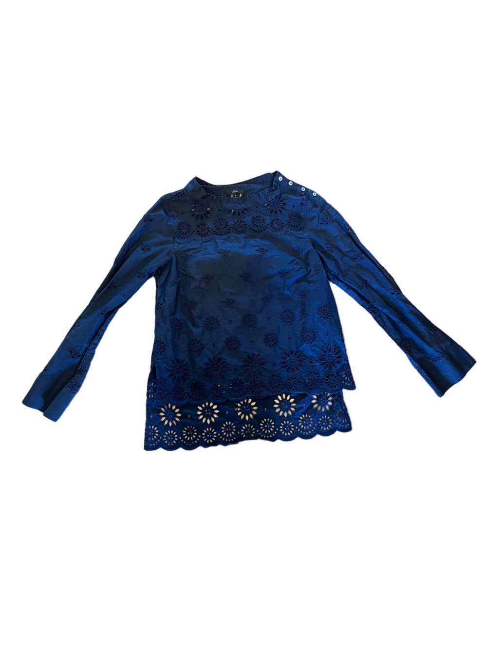 J.Crew Funnelneck Eyelet Shirt Blouse Navy Blue Tunic Scallop Hem Size 8